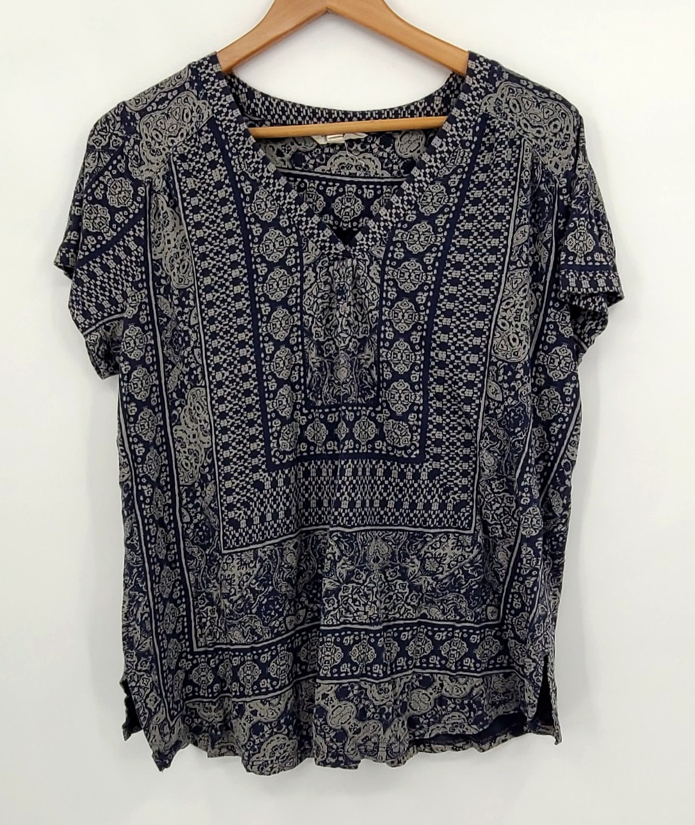 Lucky Brand Mixed Geometric Short Sleeve V-Neck T-shirt Blue Boho Casual Size 1X